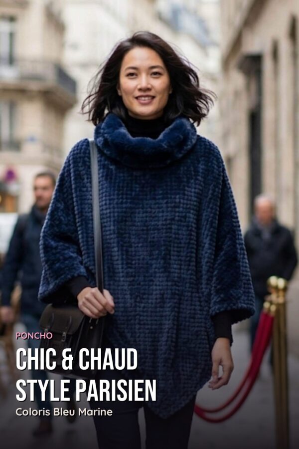 Poncho Chenille Col Fourrure — Bleu Marine