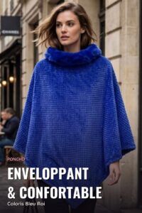Poncho Chenille Col Fourrure — Bleu Roi