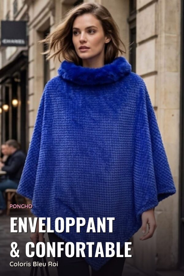 Poncho Chenille Col Fourrure — Bleu Roi
