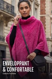 Poncho Chenille Col Fourrure — Fuchsia