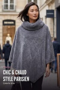 Poncho Chenille Col Fourrure — Gris