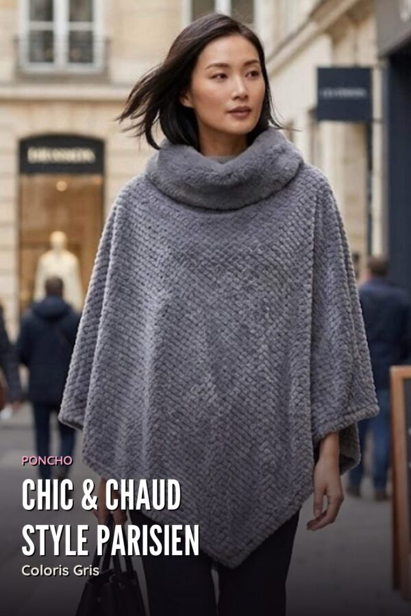 Poncho Chenille Col Fourrure — Gris