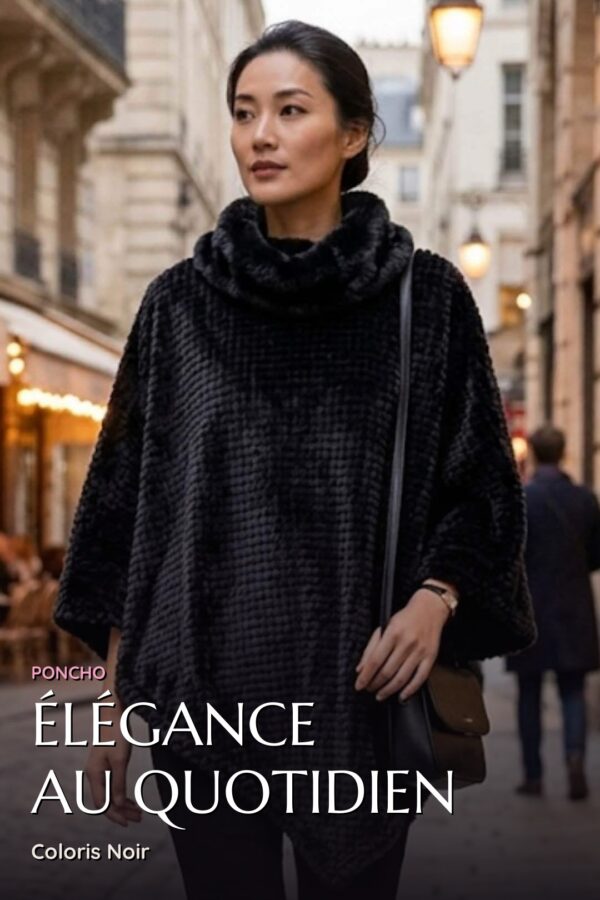 Poncho Chenille Col Fourrure — Noir
