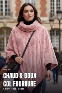 Poncho Chenille Col Fourrure — Rose Poudré
