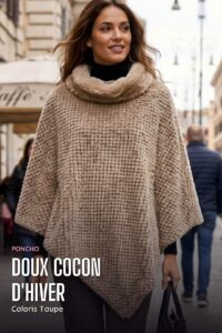 Poncho Chenille Col Fourrure — Taupe