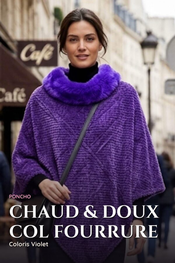 Poncho Chenille Col Fourrure — Violet