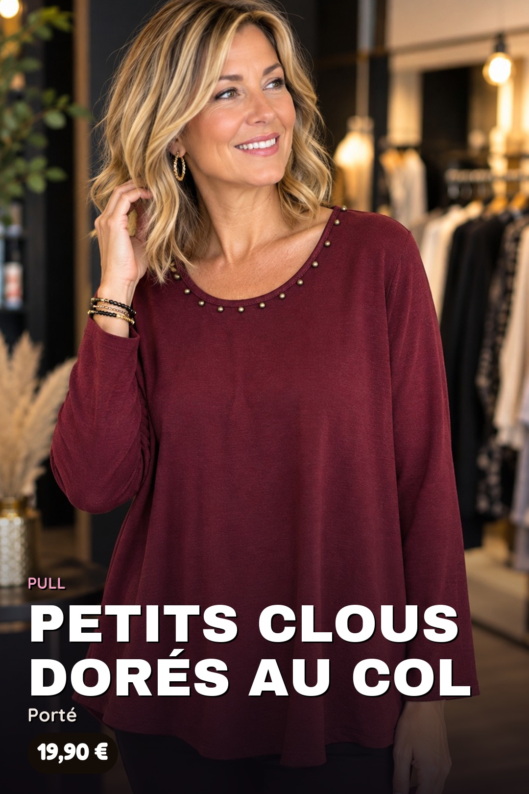 Pull Maille Souple à Col Clouté Doré