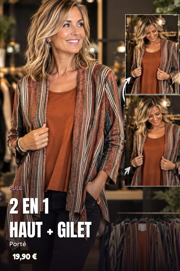 Pull Trompe-l'Œil 2 en 1 Gilet Rayé