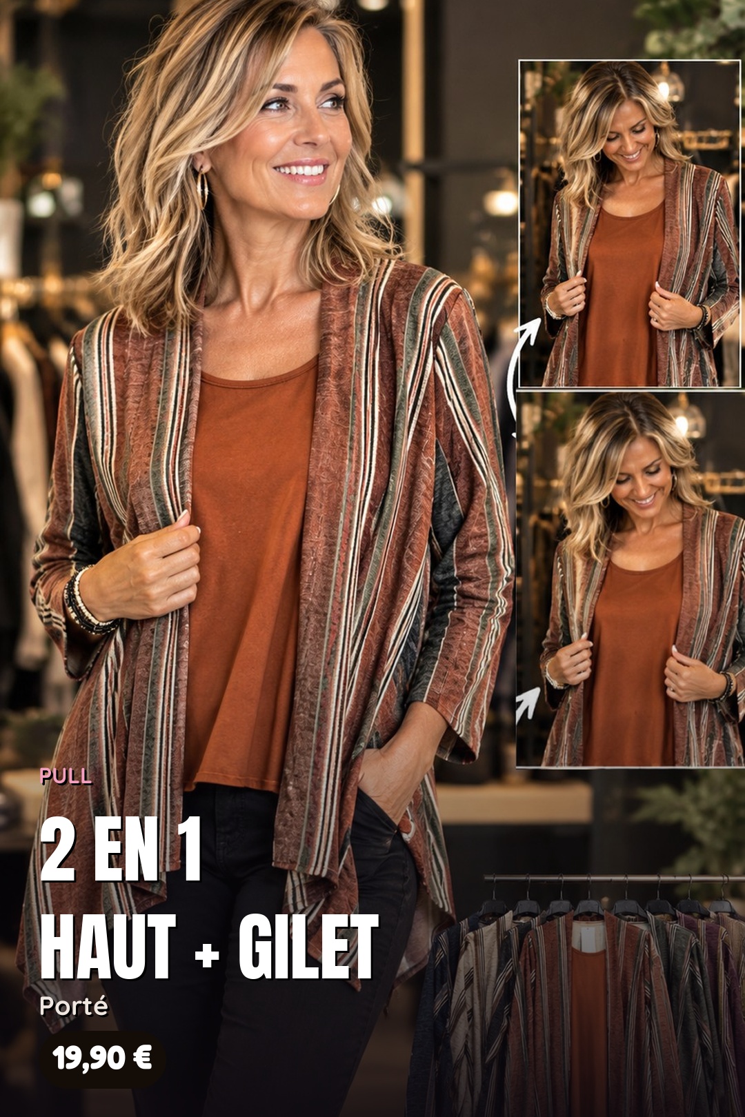 Pull Trompe-l'Œil 2 en 1 Gilet Rayé